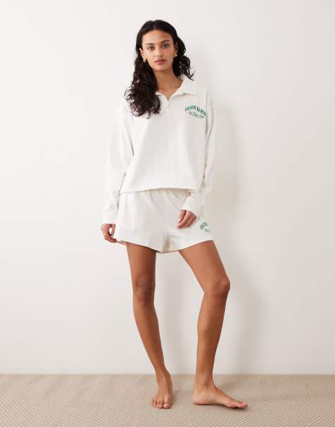 Calvin Klein jersey logo co-ord polo sweatshirt and short in cream - view 1