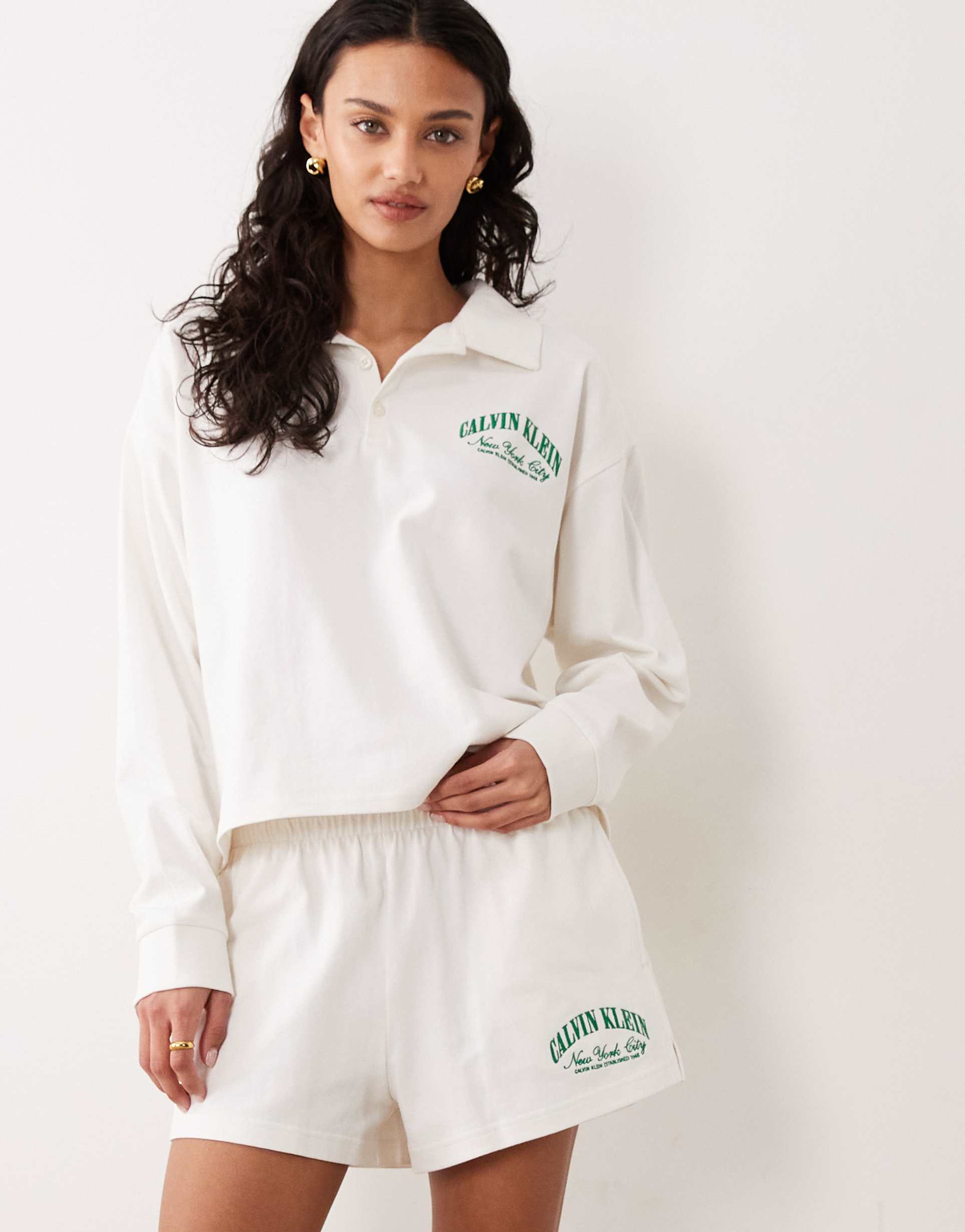 calvin klein jersey logo polo sweatshirt in cream - part of a set