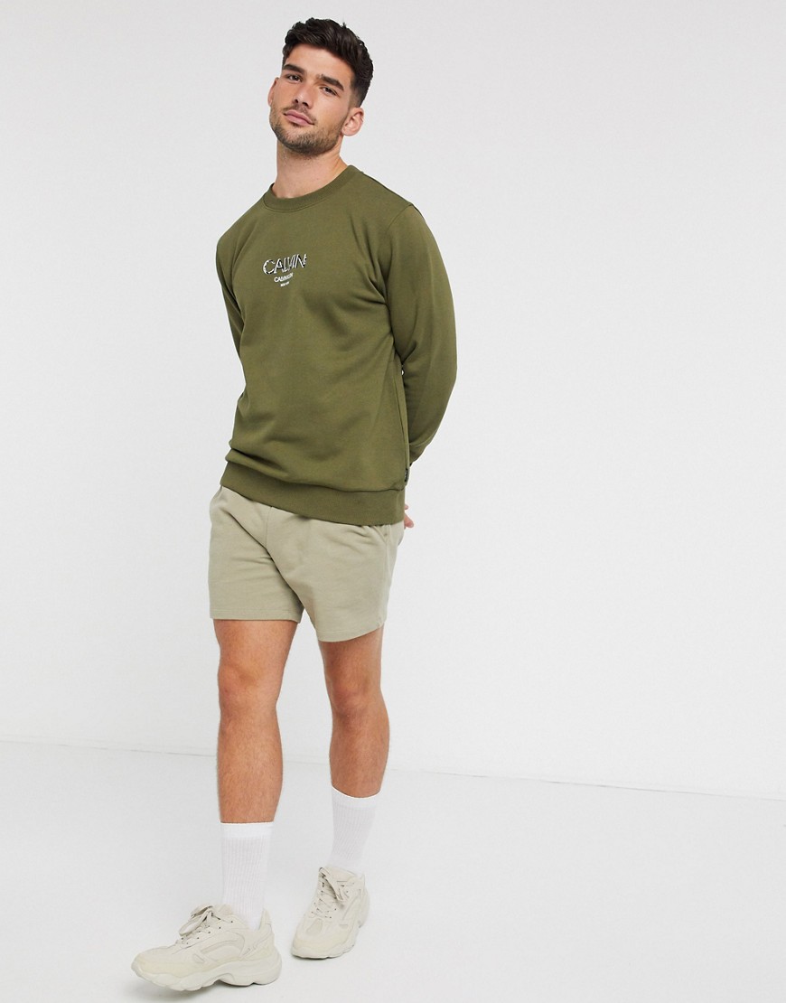 Calvin Klein - Kakifarvet sweatshirt med småt kontrast-skyggelogo-Grøn
