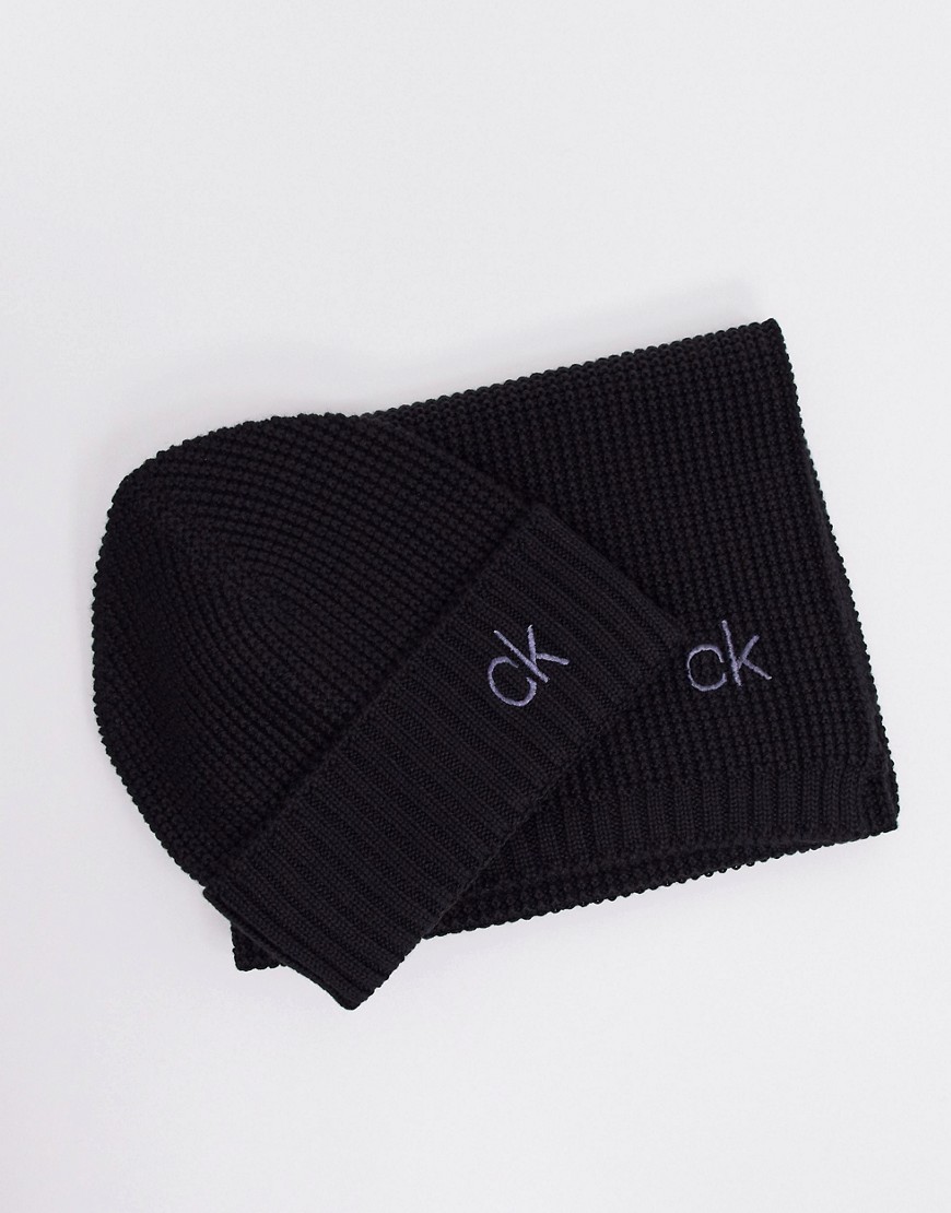 Calvin Klein knitted scarf and beanie set in black