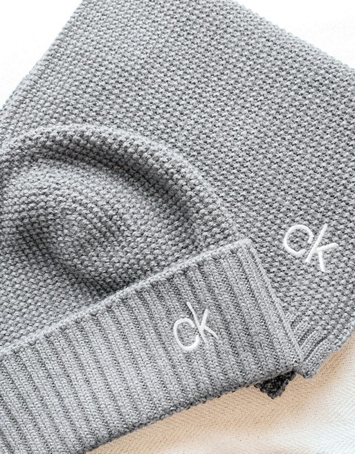 Calvin Klein knitted scarf and beanie set in grey