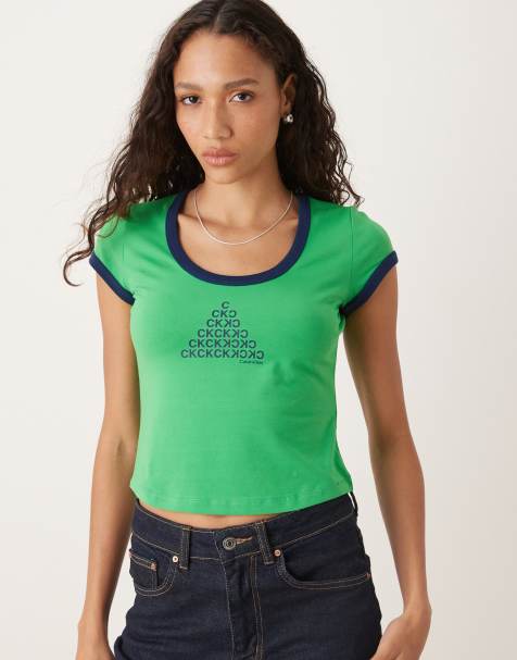 Calvin Klein – Krótki zielony T-shirt z granatowymi lamówkami - view 1