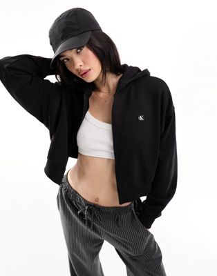 Calvin Klein Cropped Zip Up Hoodie in black - ASOS Price Checker