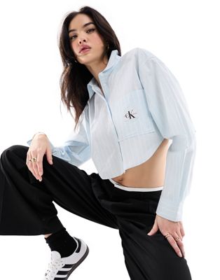 Calvin Klein Cropped Cotton Poplin Shirt in blue - ASOS Price Checker