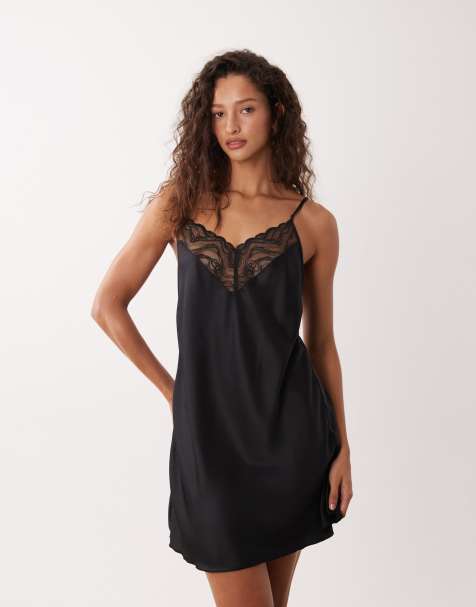 Calvin Klein lace trim night dress in black satin - view 1