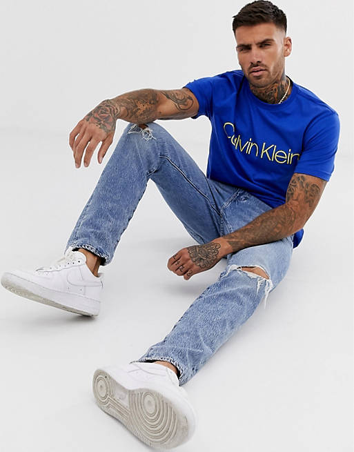 Calvin Klein large logo crew neck t-shirt in bright blue | ASOS