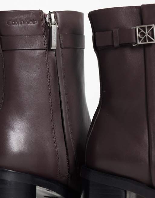 Calvin Klein leather ankle boot with block heel and logo buckle detail in chocolate brown, 2 of 4