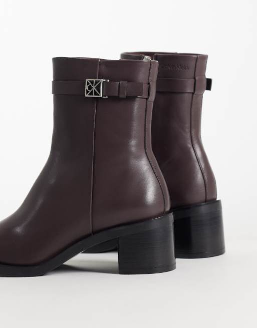 Calvin Klein leather ankle boot with block heel and logo buckle detail in chocolate brown, 3 of 4