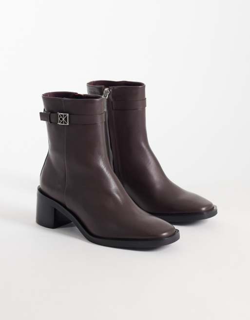 Calvin Klein leather ankle boot with block heel and logo buckle detail in chocolate brown, 4 of 4