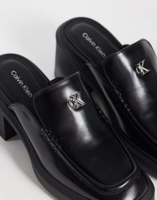 Calvin Klein leather block heel mules in black, 3 of 4
