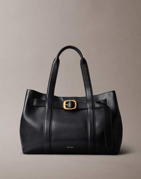 Calvin Klein leather buckle medium tote bag in black - view 1
