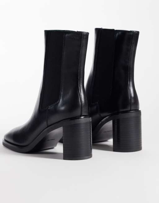 Calvin Klein leather chelsea boots with block heels in black, 3 of 4