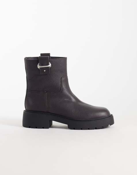 Calvin Klein leather chunky ankle boots with buckle in fudge brown - view 1