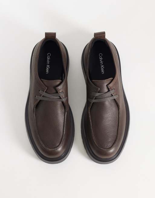 Calvin Klein leather combat apron lace up shoe in chocolate brown, 2 of 4