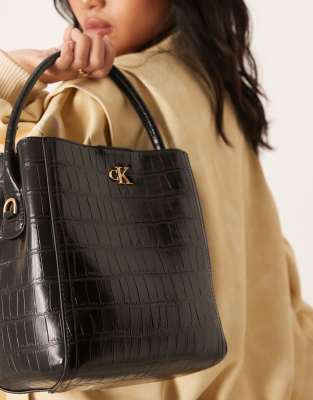 Calvin Klein Leather Croc Bucket Bag In Black