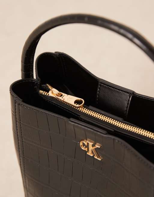 Calvin Klein leather croc bucket bag in black, 4 of 4