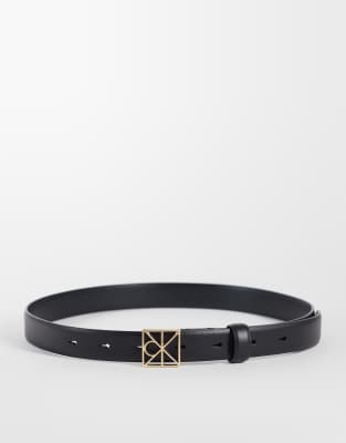 Calvin Klein Leather Emblem Hardware Buckle 25mm Belt In Black