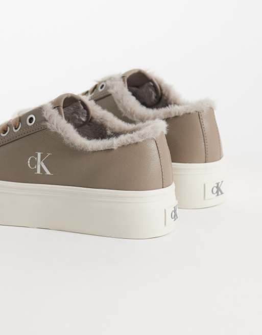 Calvin Klein leather flatform trainers with fur lining in taupe, 2 of 5