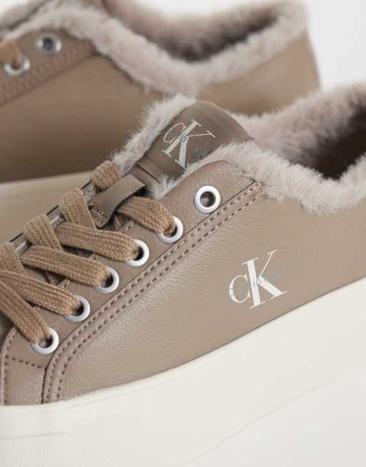 Calvin Klein leather flatform trainers with fur lining in taupe, 3 of 5