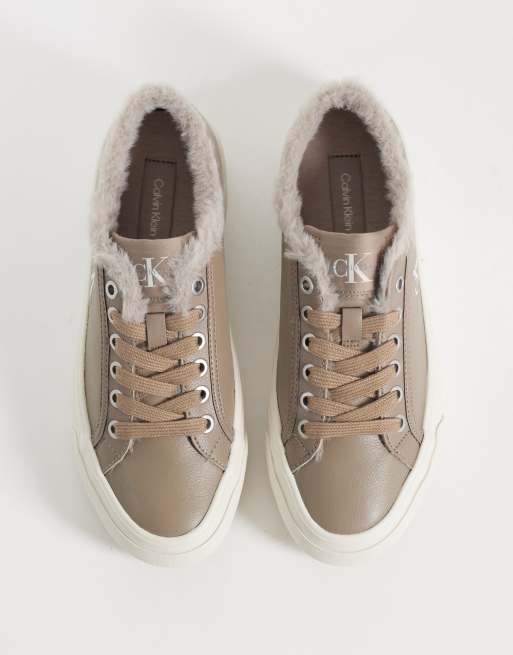 Calvin Klein leather flatform trainers with fur lining in taupe, 4 of 5