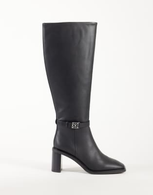 Calvin Klein Leather High Boots With Block Heel And Logo Buckle Detail In Black