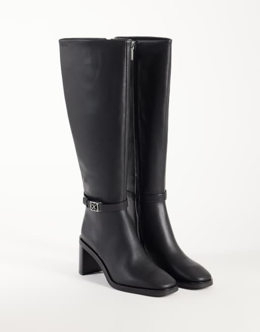 Calvin Klein leather high boots with block heel and logo buckle detail in black, 2 of 4