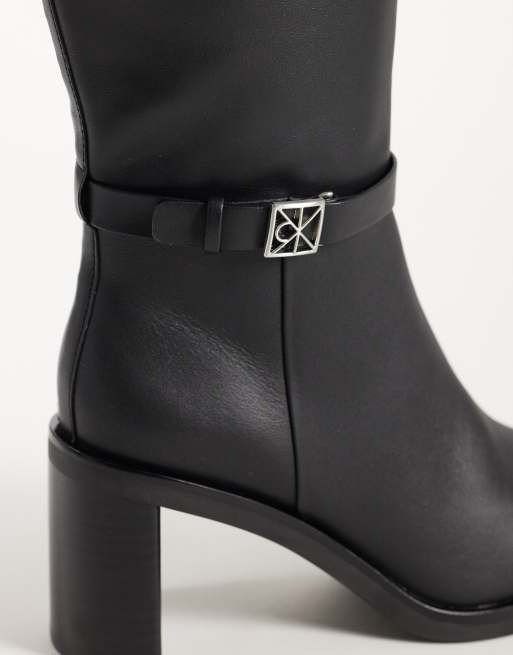 Calvin Klein leather high boots with block heel and logo buckle detail in black, 3 of 4