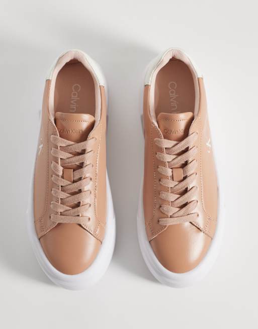 Calvin Klein leather lace up flatform trainers in peach, 2 of 5