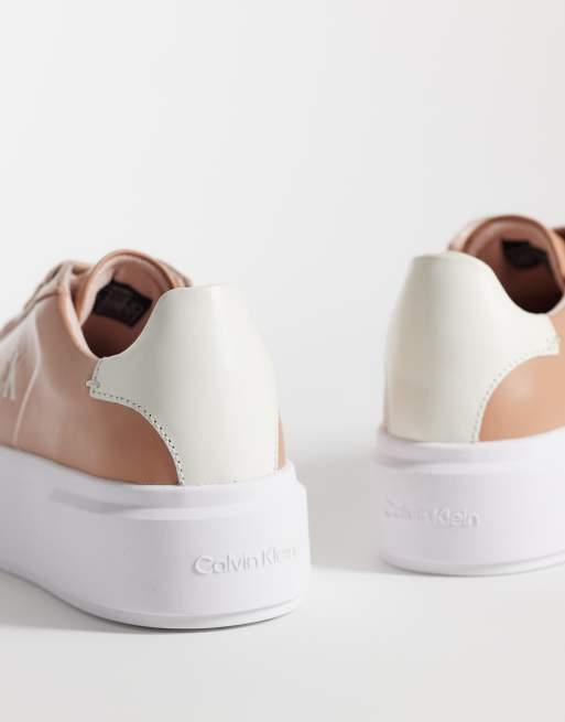 Calvin Klein leather lace up flatform trainers in peach, 5 of 5