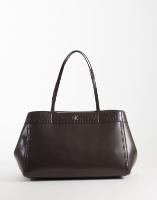 Calvin Klein Leather Large Tote Bag In Brown