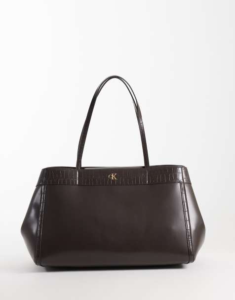 Calvin Klein leather large tote bag in chocolate brown - view 1