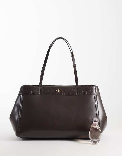 Calvin Klein leather large tote bag in chocolate brown, 2 of 4