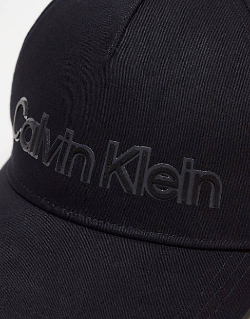 Calvin Klein leather lettering baseball cap in black | ASOS
