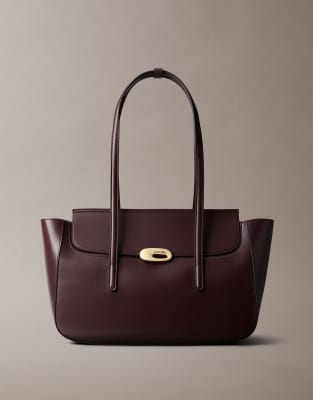 Calvin Klein Leather Medium Tote Bag With Hardware Detail In Brown
