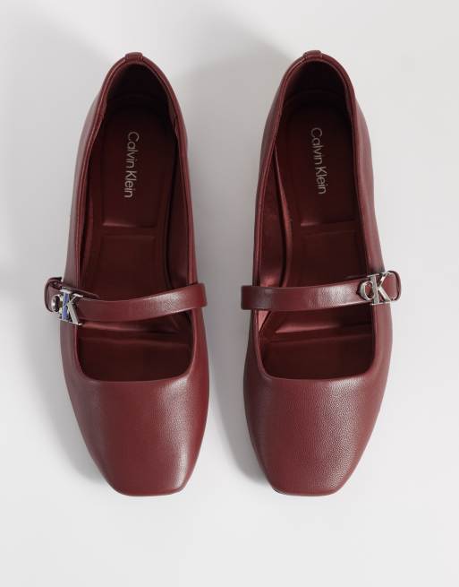 Calvin Klein leather square toe ballet flats with strap detailing in brown, 2 of 4