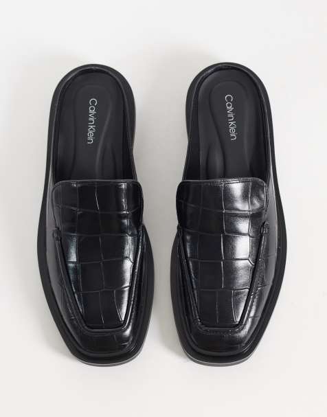 Calvin Klein leather square toe loafer mule with croc print in black - view 1
