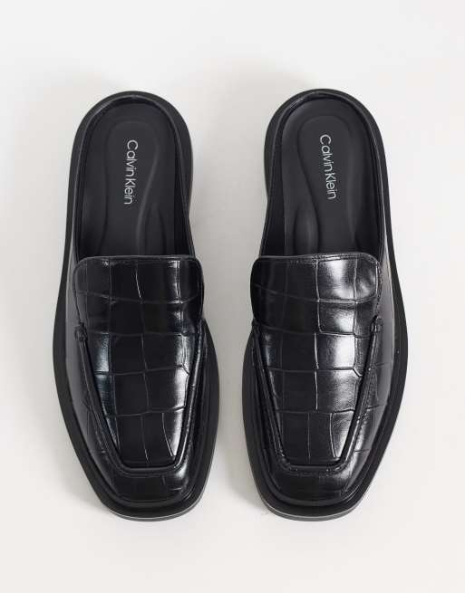 Calvin Klein leather square toe mule with croc embossment in black, 4 of 4