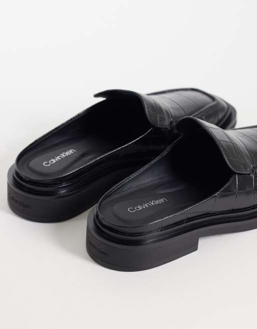 Calvin Klein leather square toe mules with croc embossment in black, 2 of 4
