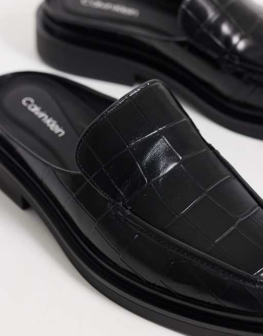 Calvin Klein leather square toe mules with croc embossment in black, 3 of 4