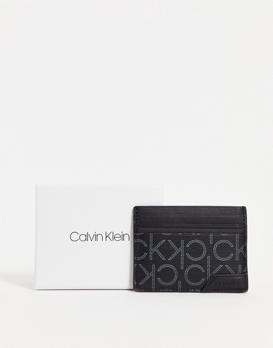 Calvin Klein - Leren kaarthouder met monogramprint in zwart