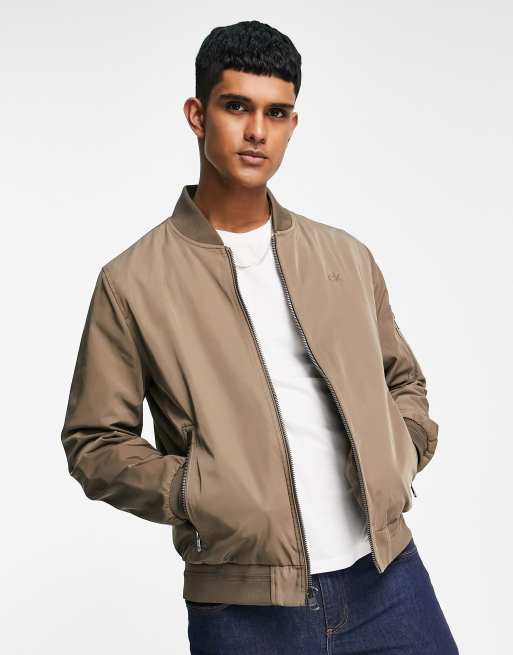 Calvin Klein lightweight bomber jacket with embroidered chest logo in tan