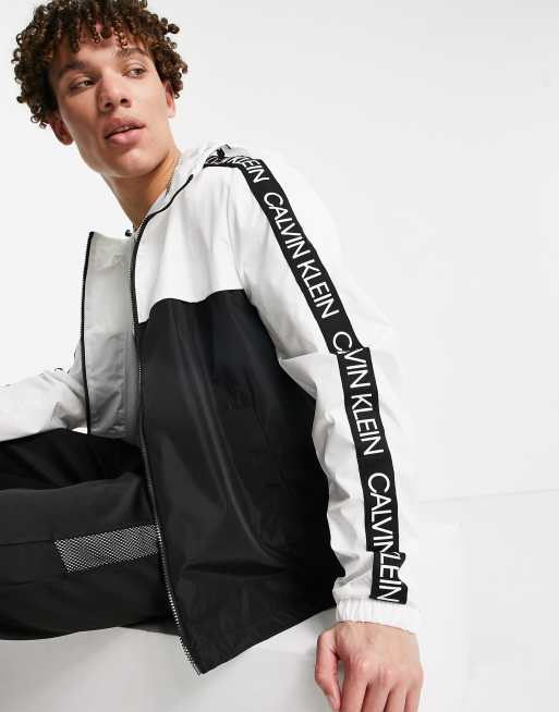 Calvin Klein lightweight hooded jacket with logo detail in white and black  | ASOS