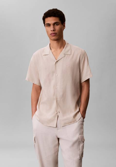Calvin Klein Linen blend classic button-down shirt in oatmeal - view 1