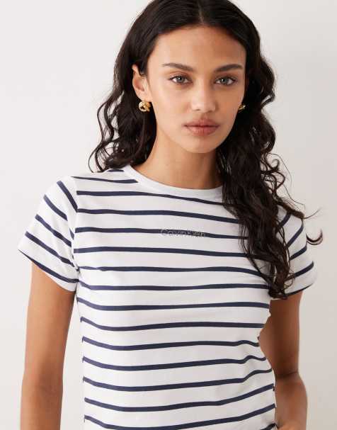 Calvin Klein logo baby tee in black and white stripe - view 1