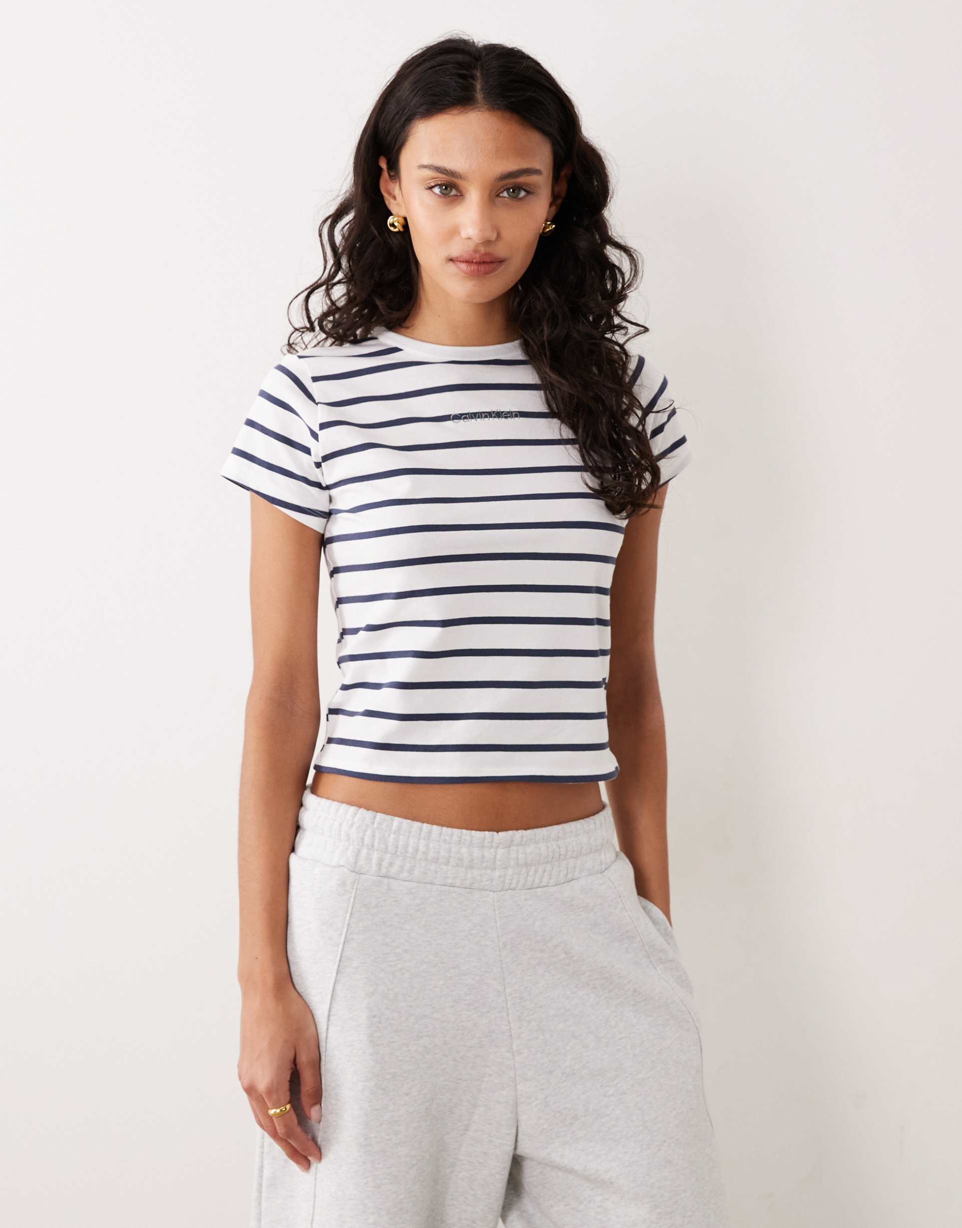 calvin klein logo baby tee in black and white stripe