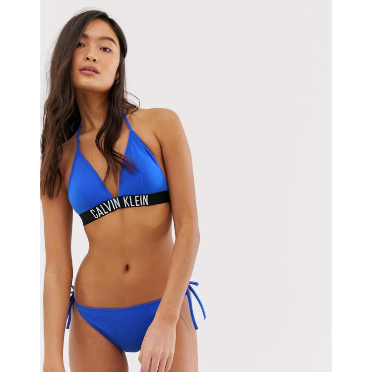 Calvin Klein logo band triangle bikini top in blue | ASOS