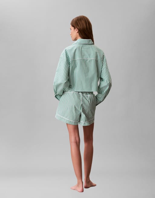 Calvin Klein logo co-ord cropped poplin shirt in green stripe, 3 of 4