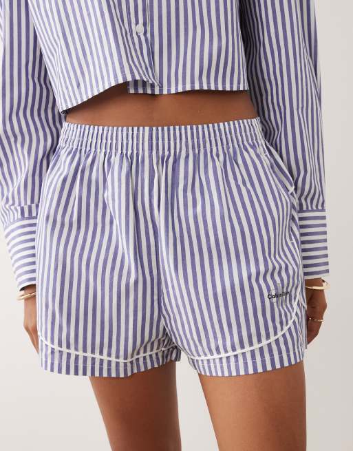 Calvin Klein logo co-ord poplin track shorts in blue stripe, 3 of 5