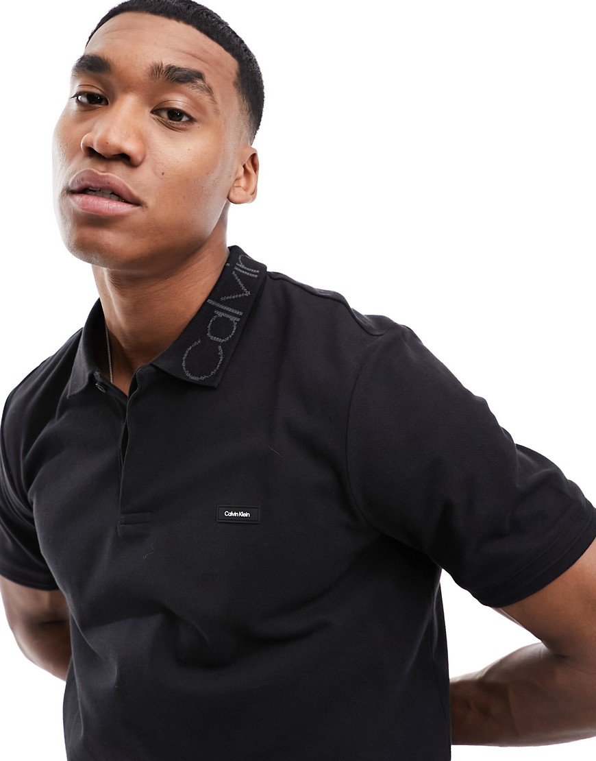 Calvin Klein logo collar stretch pique polo shirt in black