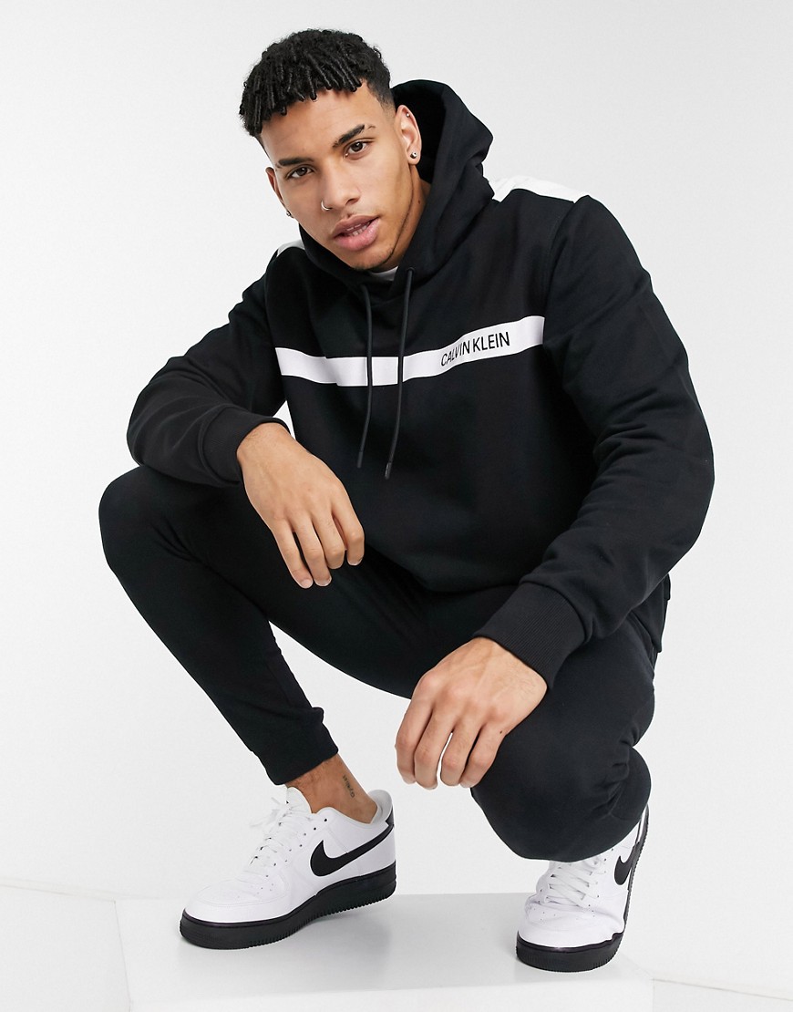 Calvin Klein logo contrast chest stripe hoodie in black